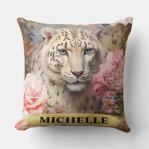 Watercolor Vintage White Leopard and Pink Roses Throw Pillow
