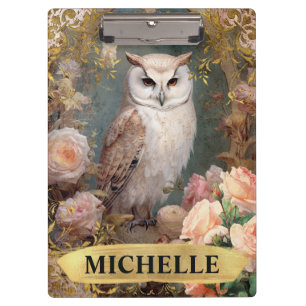 Watercolor Vintage White Owl and Pink Roses Clipboard