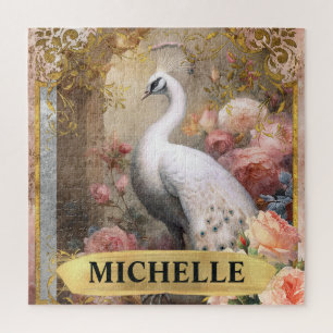 Watercolor Vintage White Peacock and Pink Roses Jigsaw Puzzle