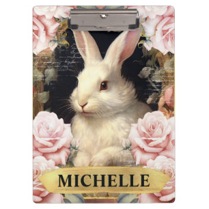 Watercolor Vintage White Rabbit and Pink Roses Clipboard