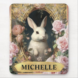 Watercolor Vintage White Rabbit and Pink Roses Mouse Pad