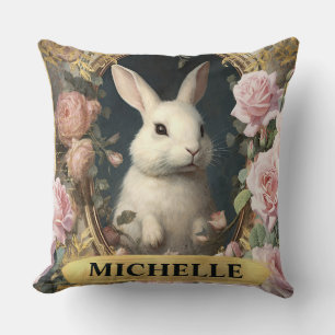 Watercolor Vintage White Rabbit and Pink Roses Throw Pillow