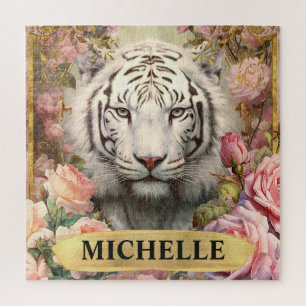 Watercolor Vintage White Tiger and Pink Roses Jigsaw Puzzle