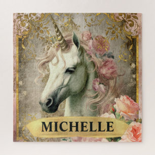 Watercolor Vintage White Unicorn and Pink Roses Jigsaw Puzzle