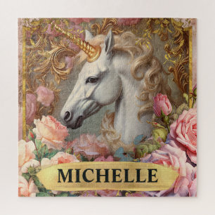 Watercolor Vintage White Unicorn and Pink Roses Jigsaw Puzzle