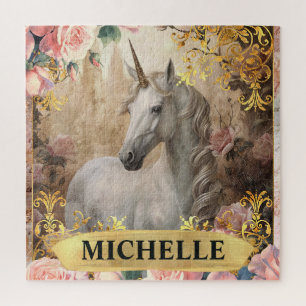 Watercolor Vintage White Unicorn and Pink Roses Jigsaw Puzzle