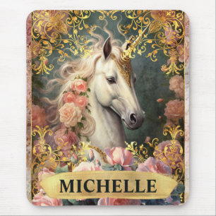 Watercolor Vintage White Unicorn and Pink Roses Mouse Pad