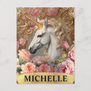 Watercolor Vintage White Unicorn and Pink Roses Postcard