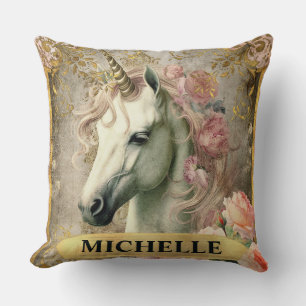 Watercolor Vintage White Unicorn and Pink Roses Throw Pillow
