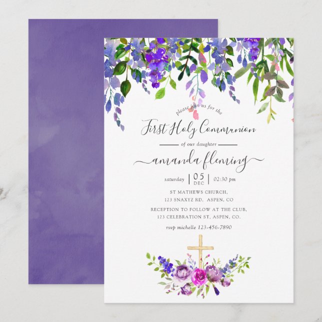 Watercolor Violet Floral First Holy Communion Invitation (Front/Back)