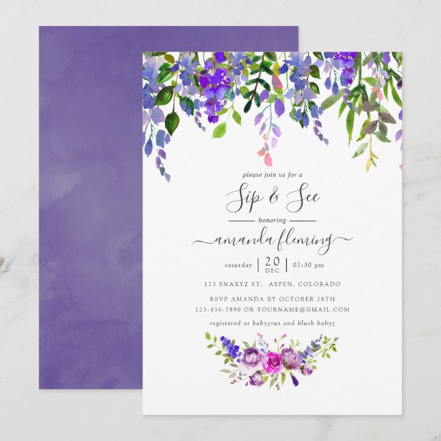 Watercolor Violet Floral Sip and See Invitation (Front/Back)