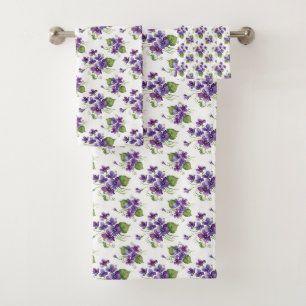 Watercolor Violet Flowers Bouquet Bath Towel Set
