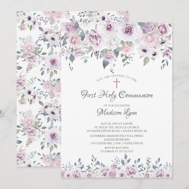 Watercolor Violet Flowers First Communion Invitation (Front/Back)