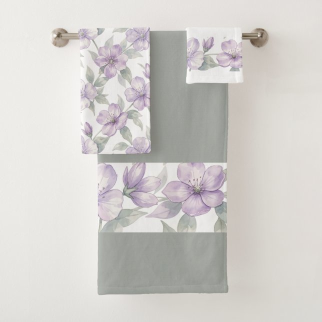 Watercolor Violet flowers pattern Bath Towel Set (Insitu)