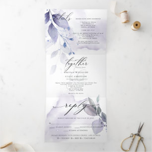 Watercolor Violet Leafy ALL IN ONE WEDDING Tri-Fol Tri-Fold Invitation