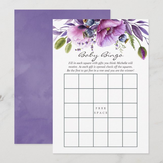 Watercolor Violet Poppy Floral Baby Shower Bingo Invitation (Front/Back)