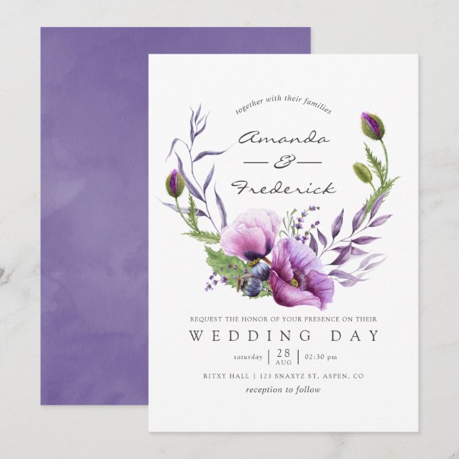 Watercolor Violet Poppy Floral Wedding Invitation (Front/Back)