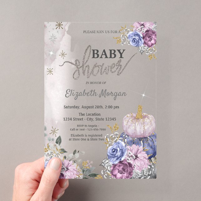 Watercolor Violet Pumpkins Flowers Baby Shower Acrylic Invitations (Insitu (Handheld))