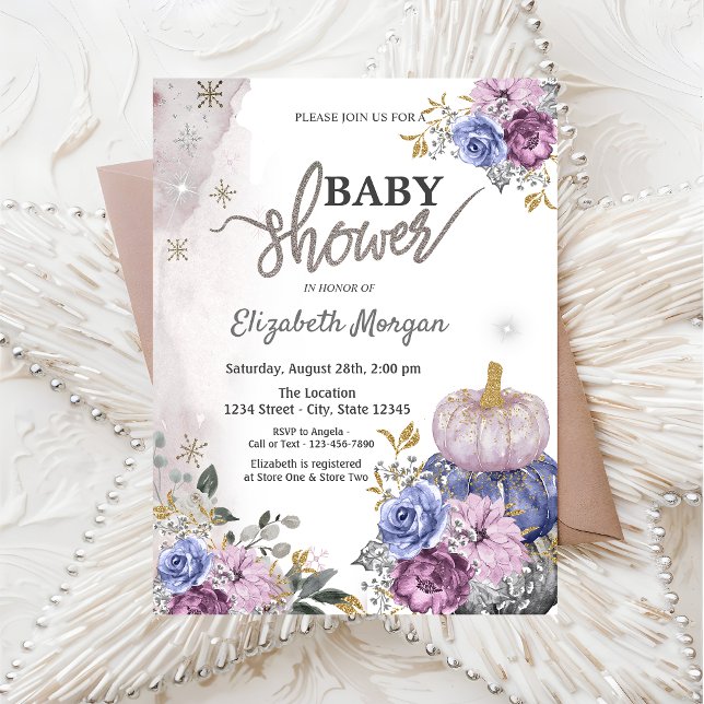 Watercolor Violet Pumpkins Flowers Baby Shower Invitation (Creator Uploaded)