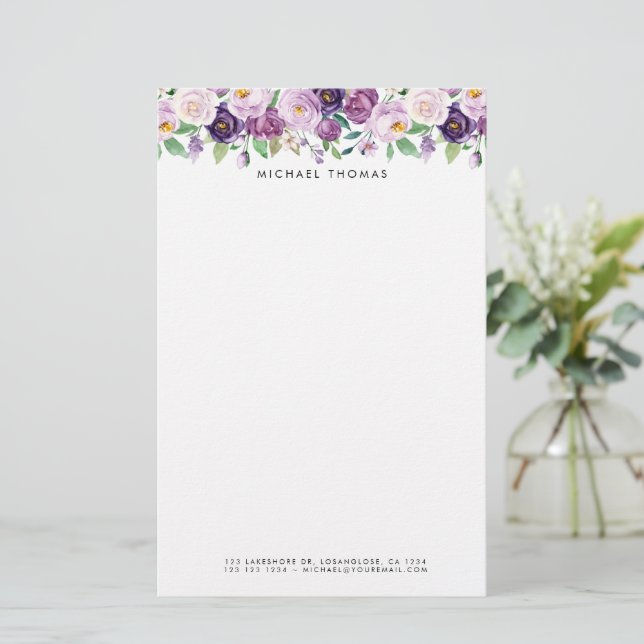 Watercolor Violet Purple Flowers Personalized Stationery (Standing Front)