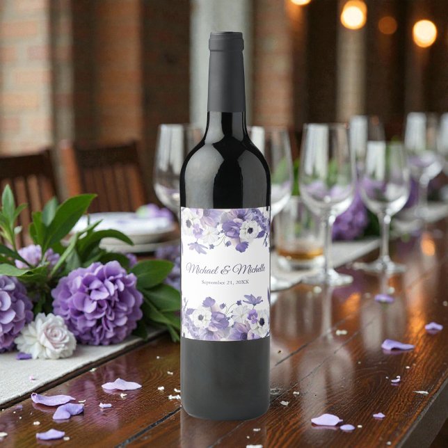 Watercolor Violet Purple Flowers Wedding Wine Label (Creator Uploaded)