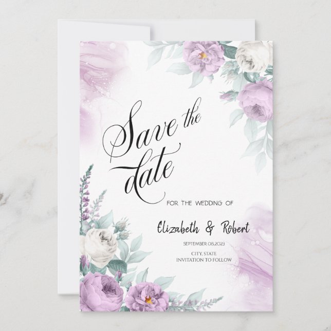 Watercolor Violet Roses Save The Date (Front)