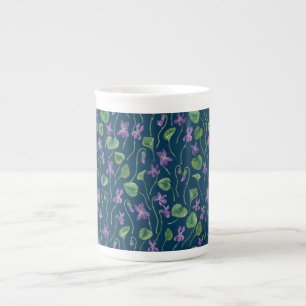Watercolor violets on blue bone china mug