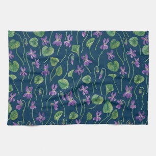 Watercolor violets on blue kitchen towel