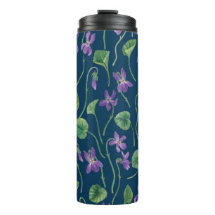 Watercolor violets on blue thermal tumbler