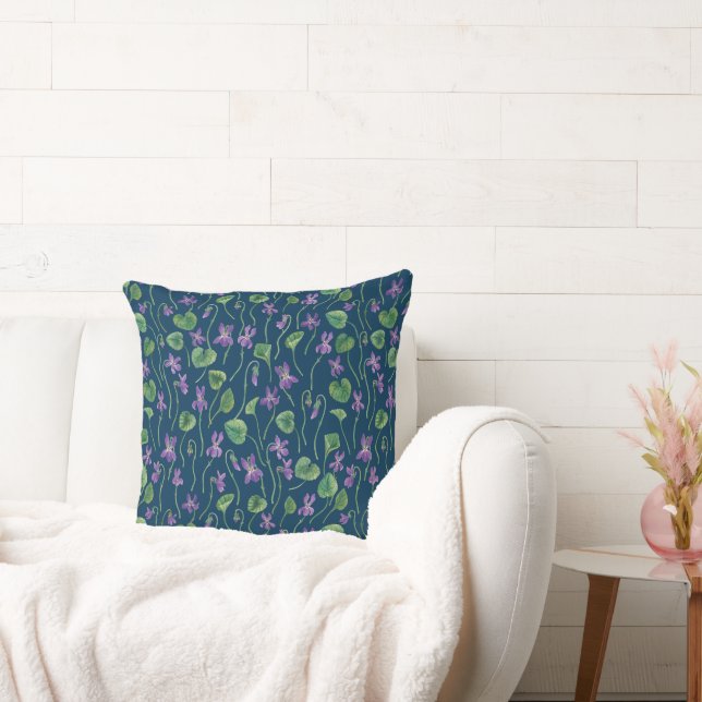 Watercolor violets on blue throw pillow (Couch)