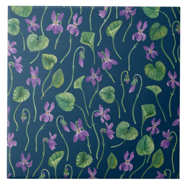 Watercolor violets on blue tile (Front)