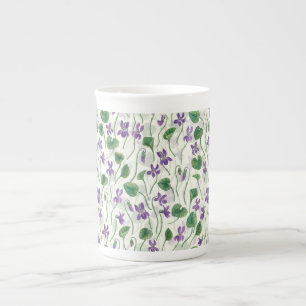 Watercolor violets on off white bone china mug