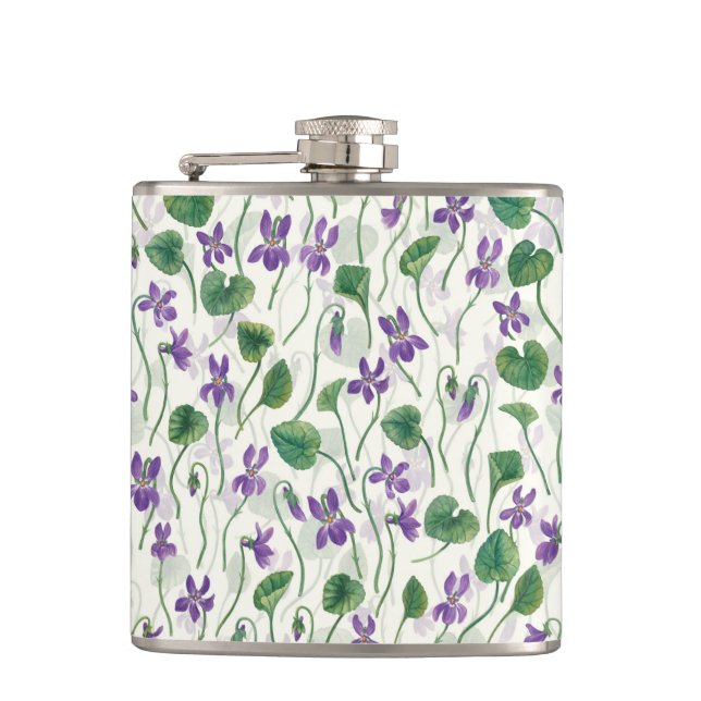 Watercolor violets on off white hip flask (Front)