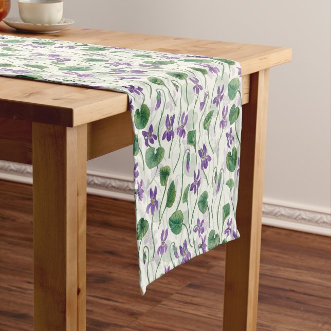 Watercolor violets on off white short table runner (In Situ)