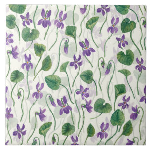 Watercolor violets on off white tile