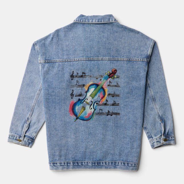 Watercolor Violin Kids' Basic Denim Jacket (Back)