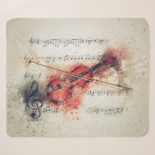 Watercolor Violin Sheet Music Rust Cream Black Sherpa Blanket (Front (Horizontal))
