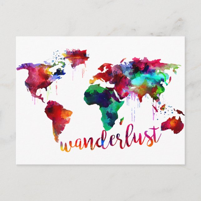 Watercolor Wanderlust World Map Postcard (Front)