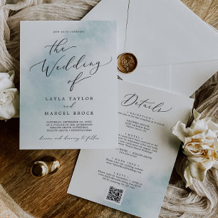 Watercolor Wash Blue All In One QR Code Wedding Invitation