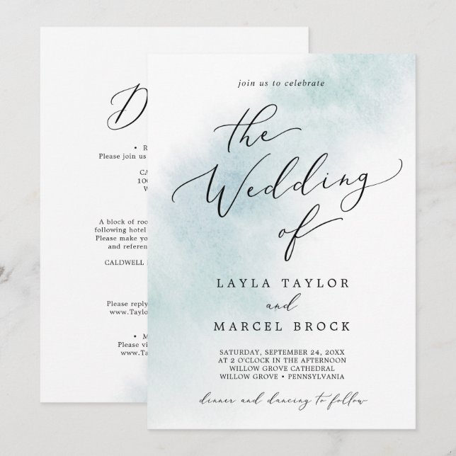 Watercolor Wash | Blue All In One Wedding Invitation (Front/Back)