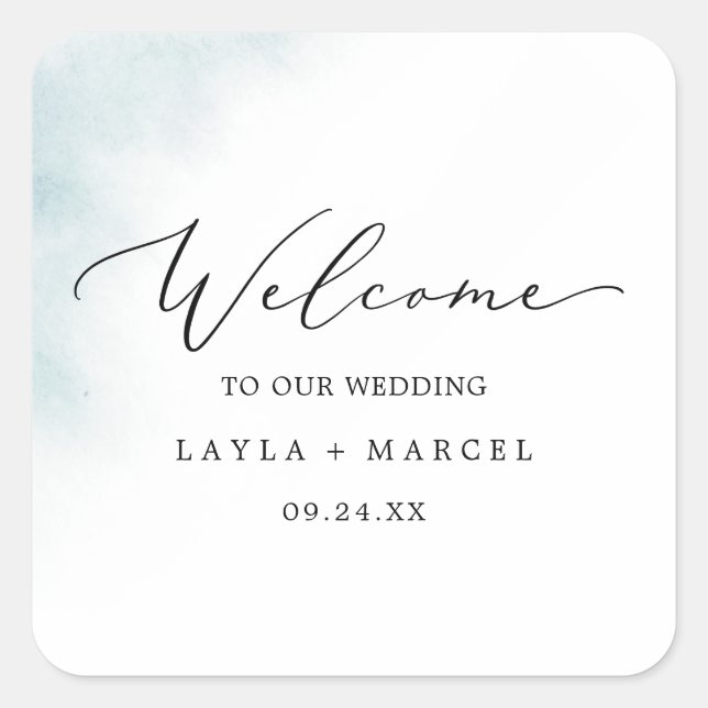 Watercolor Wash | Blue Wedding Welcome Square Sticker (Front)