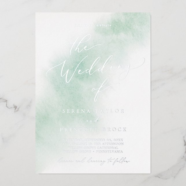 Watercolor Wash | Green and Silver Foil Wedding (Front)