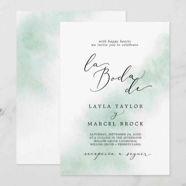 Watercolor Wash | Green La Boda De Wedding Invitation (Front/Back)