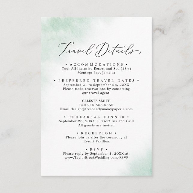 Watercolor Wash | Green Wedding Travel Details Enclosure Card (Front)