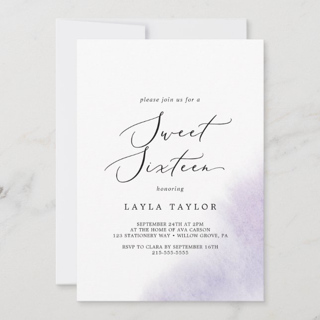 Watercolor Wash | Purple Sweet Sixteen Birthday Invitation (Front)