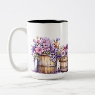 WATERCOLOR WATER BARRELS WITH PINK PURPLE FLOWERS Two-Tone COFFEE MUG