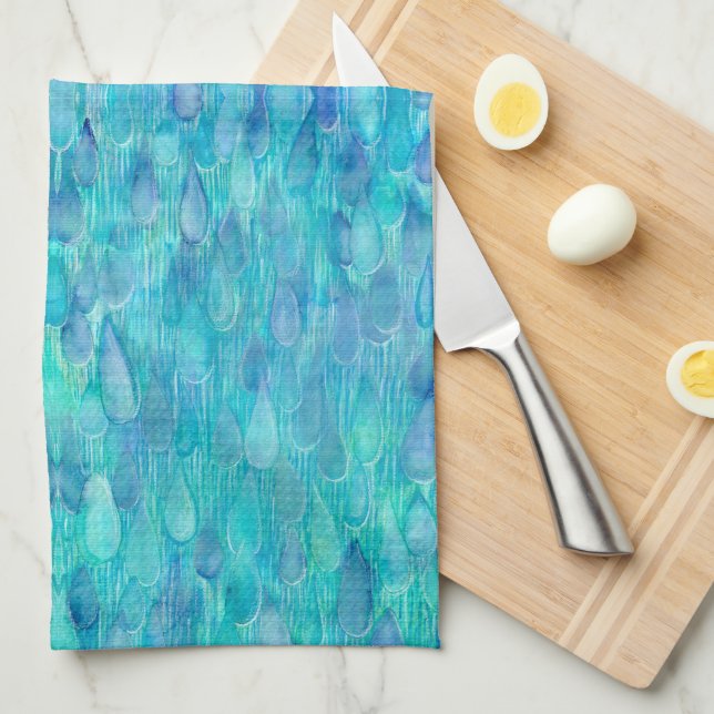 Watercolor Water Drops Turquoise Hand Towel (Quarter Fold)