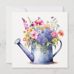 Watercolor Watering Can and Summer Flowers  Card