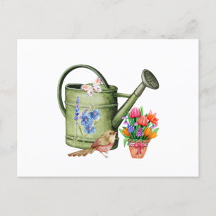 Watercolor Watering Can, Flowers and Bird  Postcard