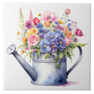 Watercolor Watering Can with Garden Flowers  Tile